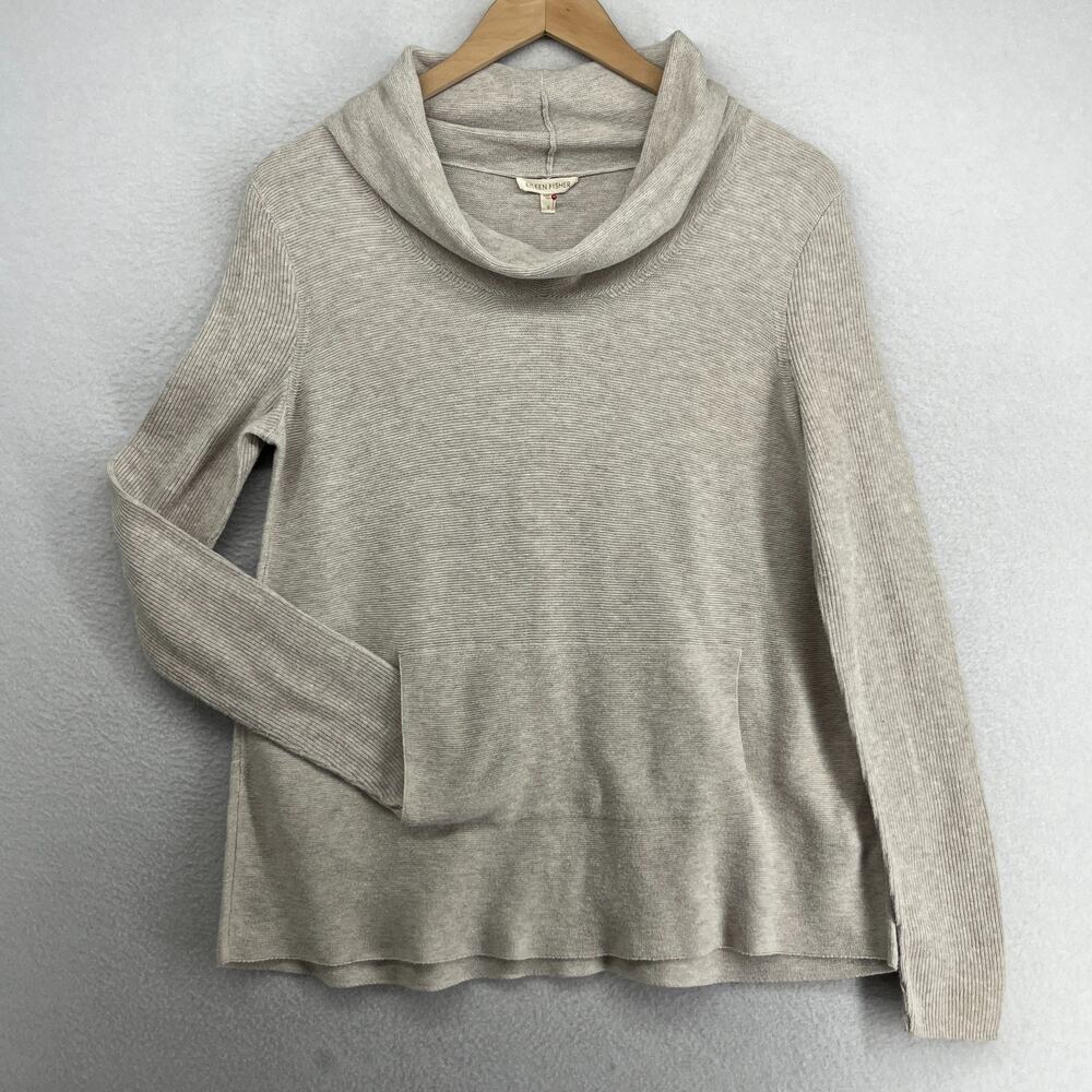 EILEEN FISHER Sweater S Organic Cotton Tunic Cowl Neck Pullover Jumper Beige